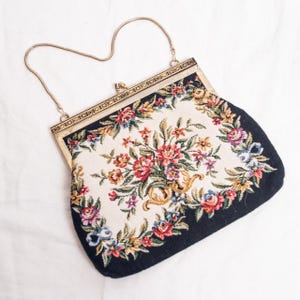 Bolso de mano vintage de los 80 con diseño de tapiz en negro y beige - Bolso romántico estilo gobelino - Moda de los 80