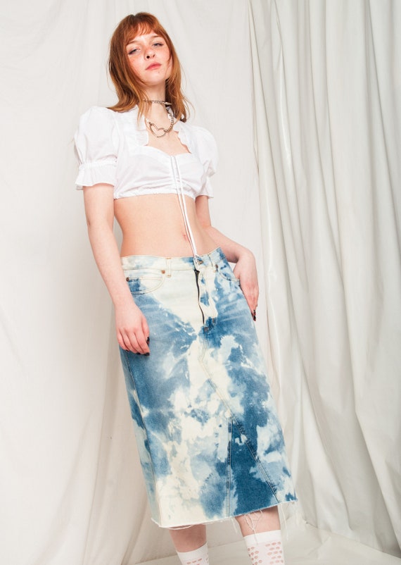 Vintage Denim Skirt Y2K Reworked Bleached Midi in… - image 3