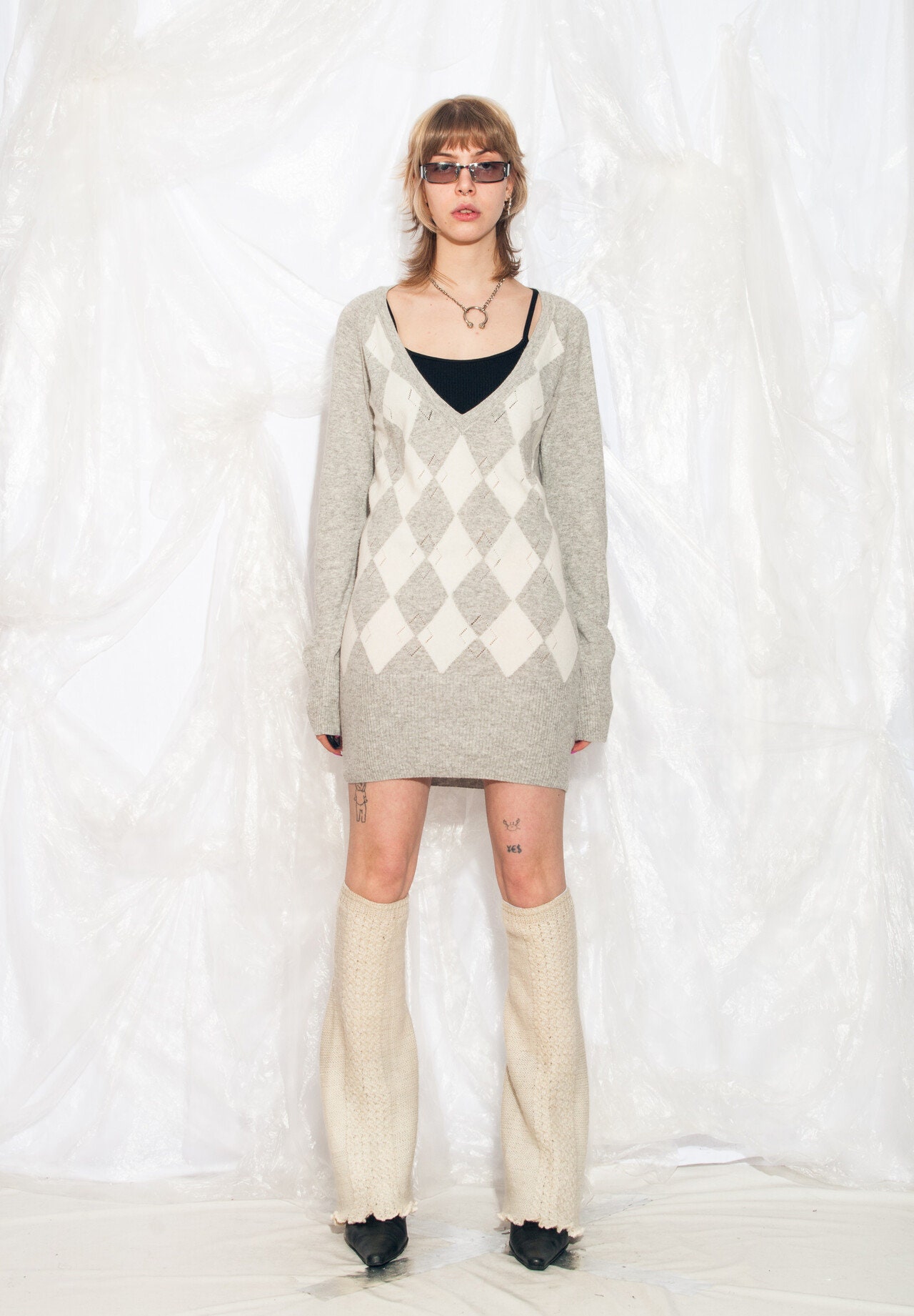 Vintage Y2K Long Sweater Dress in Preppy Grey Argyle 2000s