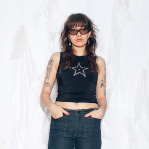 Vintage Y2K Top in Black - 2000s Studded Star Crop Top - Techno Cowboy Pinterest Aesthetic Blouse - Size M
