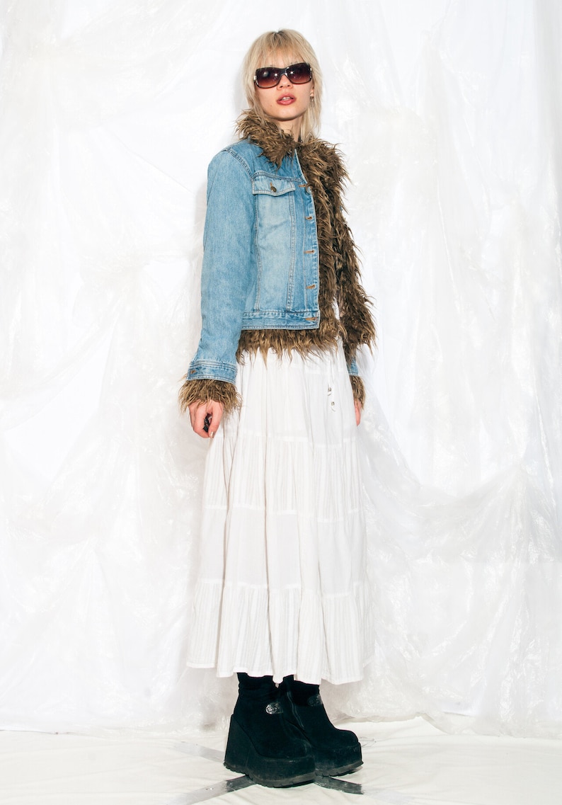 Vintage Y2K Denim Jacket with Faux Fur Lining 2000s Fairycore Grunge Blue Furry Coat Small image 3