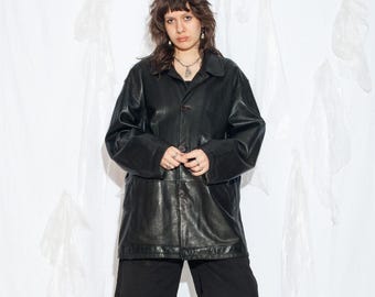 Vintage Lagerfeld Leather Jacket - 2000s Y2K Minimalist Grunge Downtown Girl Oversized Coat