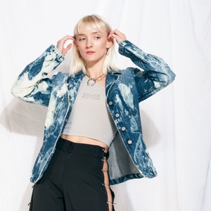Vintage Sisley Denim Jacket Y2K Tie-dye Bleach Blazer 2000s Reworked Handmade Upcycled Jean Jacket Dark Blue Rave Coatie