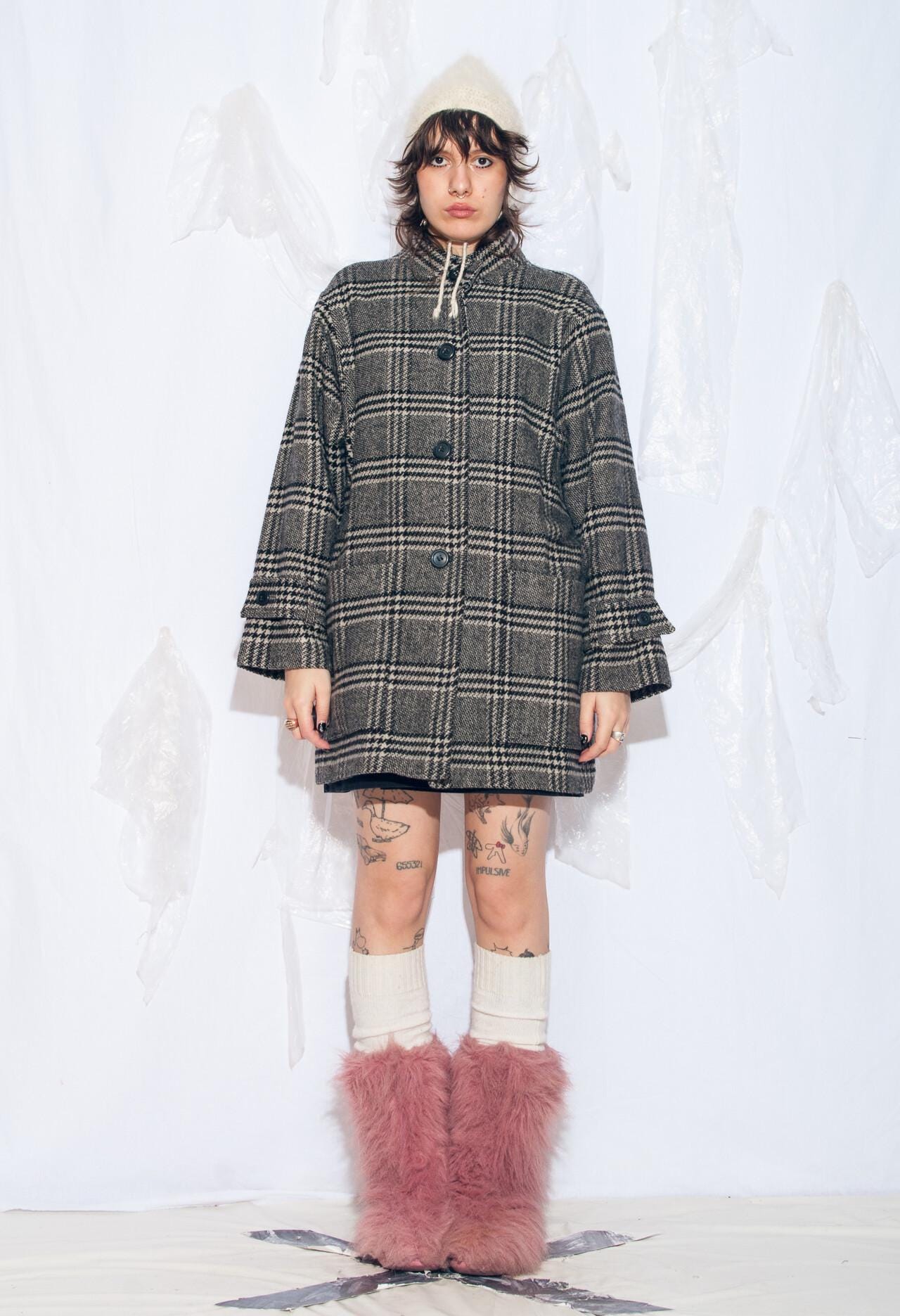 ヴィンテージ 80年代 チェック柄 冬用コート（グレーウール） - 1980