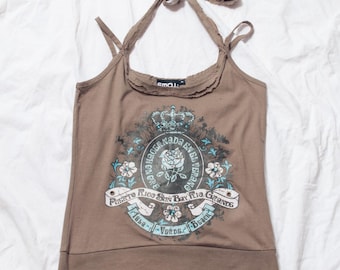 Top vintage Y2K sin mangas en marrón - Cuello halter estilo cyber grunge de los años 2000 con estampado de rosas feas - Talla M