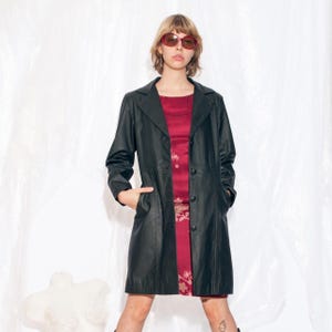 Vintage Y2K Leather Coat in Black Matrix Style 2000s Maxi Coat Real Leather Medium