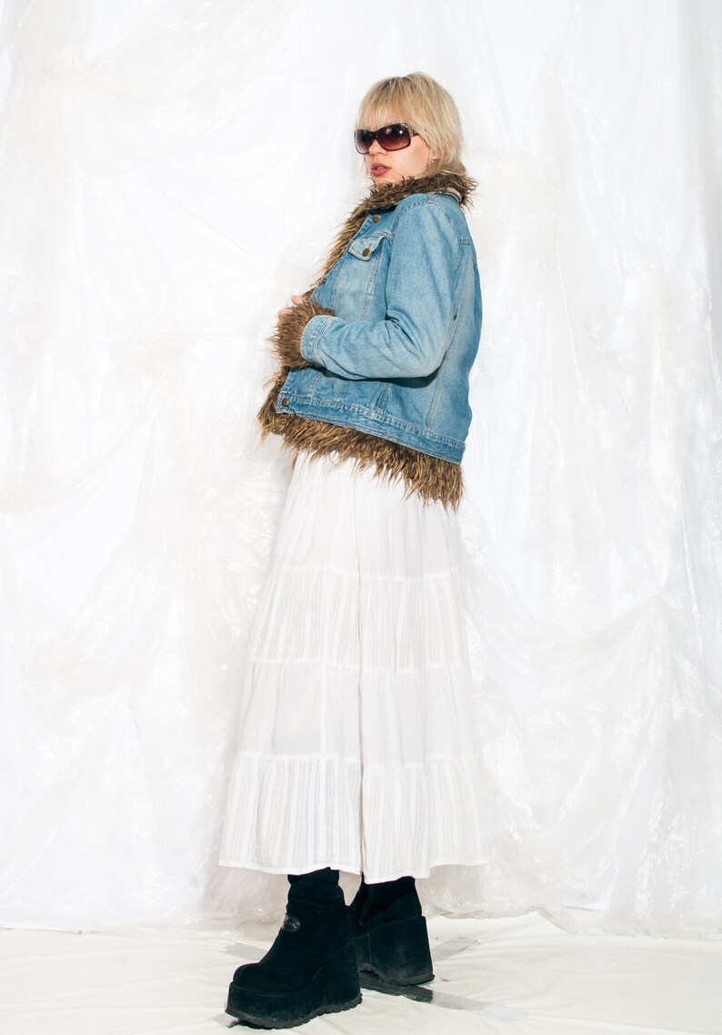 Vintage Y2K Denim Jacket with Faux Fur Lining 2000s Fairycore Grunge Blue Furry Coat Small image 6