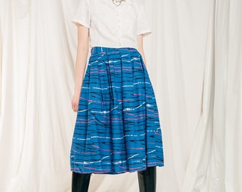 Vintage Skirt 50s Handmade Cotton Pleated High Rise Midi 1950s Rare Mid Century Graphic Printed Wide Skirt