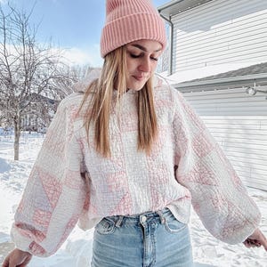 Cropped Pink Quilt Hoodie | Handmade Blush Vintage Patchwork Sweatshirt | One-of-a-Kind Cozy Slow Fashion