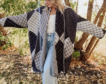 Vintage black and white oversized cardigan coat | Long Quilted Cardigan