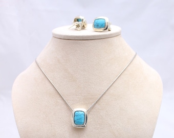 Vintage, 925 silver pendant and stud earrings set with synthetic turquoise (ceramic based resin)