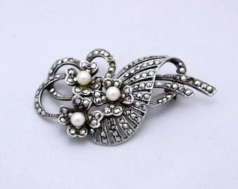 Vintage silver, Marcasite, and cultured pearl brooch, circa 1960s