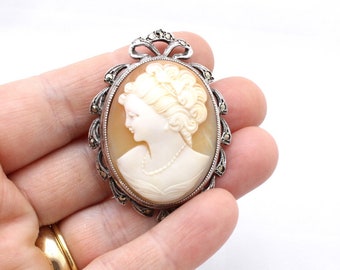 Vintage silver and marcasite cameo brooch