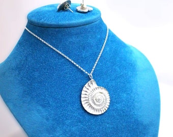 Vintage pewter Ammonite pendant and earrings, with silver chain