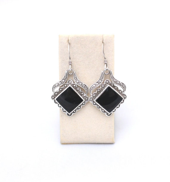 Vintage, silver and black onyx drop earrings - image 1
