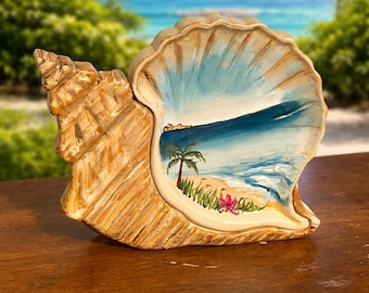 Concha, playa, decoración costera, escena oceánica, pintura de conchas, obra de arte
