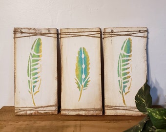 Pluma, placas de plumas, decoración de pared con plumas de madera, plumas de madera, decoración de pared, decoración de pared con plumas