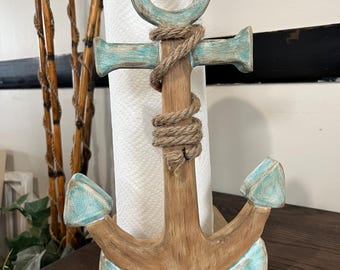 Soporte decorativo rústico para toallas de papel con forma de ancla y cuerda