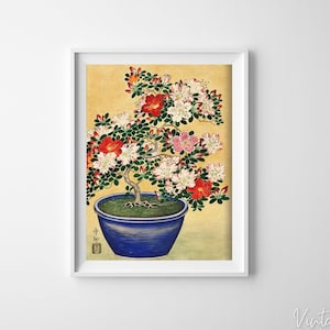 Blooming Azalea in Blue Pot by Ohara Koson Retro Poster, Wall Decor, Reproduction Print, Oil Painting #856