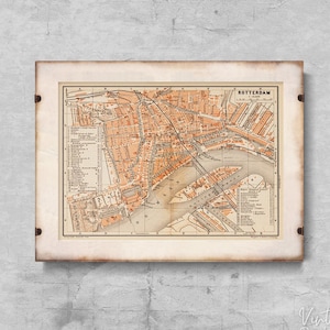 Ancienne carte de Rotterdam, Pays-Bas, affiche rétro, impression d'illustration, impression murale, continents #746