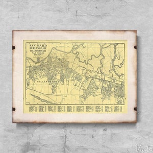 San Mateo Burlingame Hillsborough San Carlos Belmont Map Retro Poster, Retro Home Decor, Map Posters, Continents #750