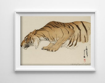 Japanese Art Print Sketch of Tiger Dobutsu-En Tora from he Zoological Garden Series by Yoshida Hiroshi Retro Poster, Gift Idea #1052