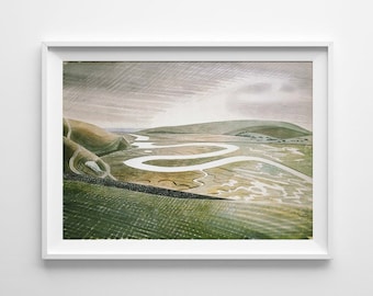 Eric Ravilious Cuckmere Haven Retro Poster, Retro Wall Decoration, Reproduction Print, Painted Landscape #822