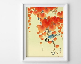 Japanese Art Print Bird and Red Ivy by Ohara Koson Vintage Poster, Vintage Wall Art, Edo Period, Tsuchiya Koitsu #1074