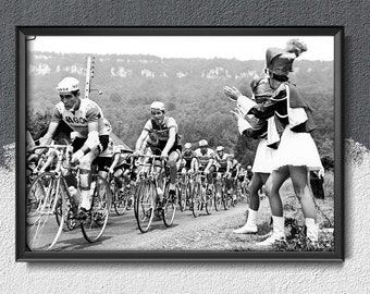 Tour de France Photography Riders Pass Majorettes Retro Poster, Modern Print, Giro D Italia, Cycling Art #172