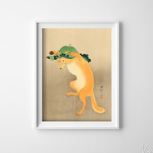 Japanese Art Print Dancing Fox with Lotus Leaf Hat by Ohara Koson Retro Poster, Retro Home Decor, Japanese Poster, Ukiyoe Poster #1055