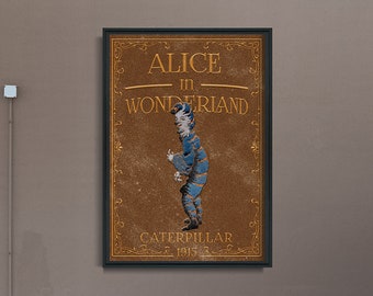May include: A vintage book cover illustration featuring a blue and white striped caterpillar with a human-like face. The title reads "Alice in Wonderland" with the subtitle "Caterpillar 1915".