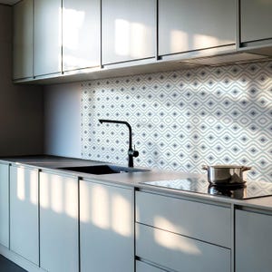 Waves And Rhombuses In Rhythm PVC Floor Tiles, Blue Tile Stickers, Peel and Stick Tiles, Texture Tile Stickers, Floor Tile Stickers