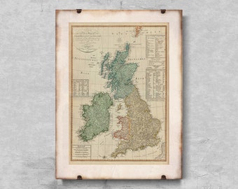 Map of Great Britain Retro Poster, Cotton Canvas, Map Wall Art, Old Sketch #90
