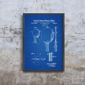Póster retro de patente de paleta de ping pong, lienzo de algodón, póster de patente, dibujo para pared n.º 1031