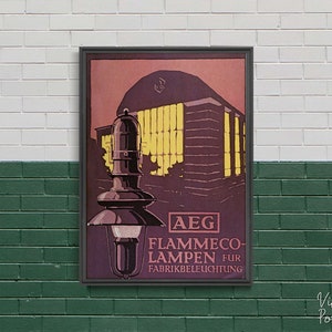 AEG Flammeco Lampen fur Fabrikbeleuchtung brochure cover, Retro Poster, Lamp and Building, Purple and Yellow, Fine Art, Gift Idea #2154