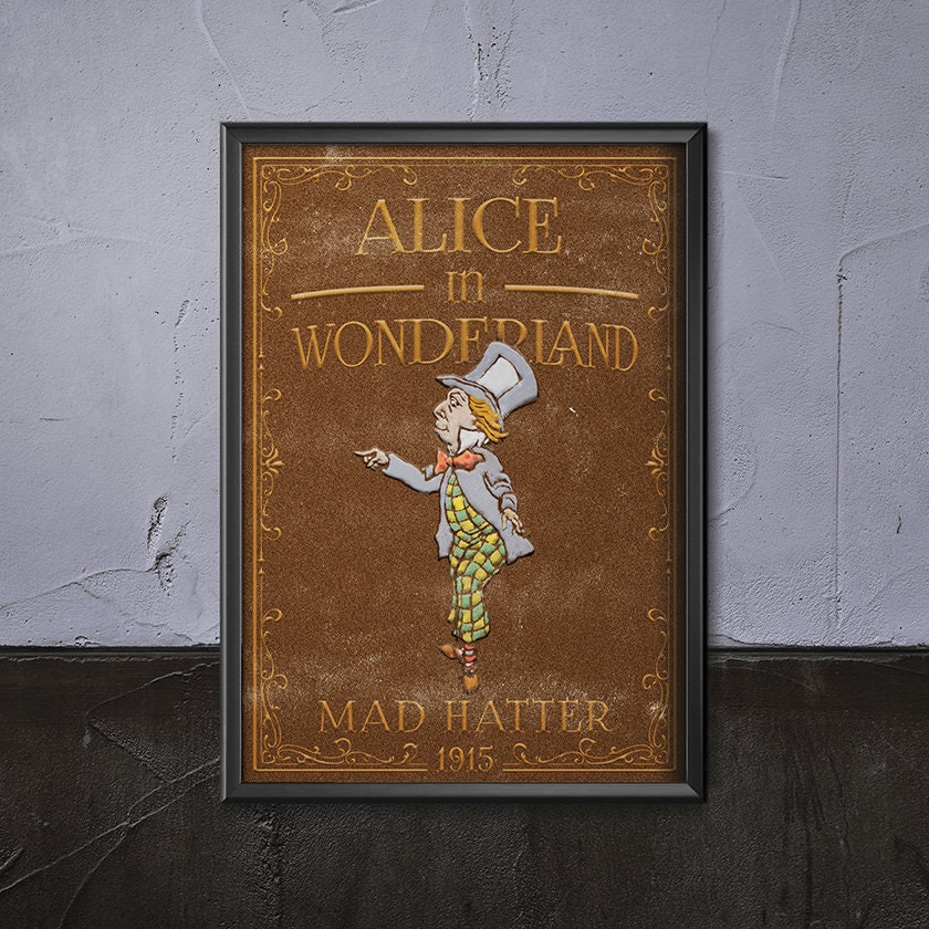 Mad Hatter 1915 Alice In Wonderland Poster, Brown Home Decor, Yellow Canvas Print, Retro Giclée Art Print, Disney #2413