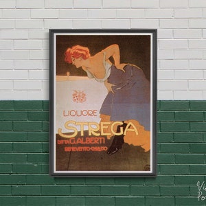 Liquore Strega, Retro Poster, Woman and Drink, Brown and Blue, Home Decor, Old World, Art Print, Retro Style #2114