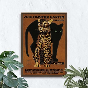 Zoologischer Garten Munchen, Plakat retro, Koty i puma, Brązowy i czarny, Sztuka ścienna, Reprodukcja, Styl retro #2143