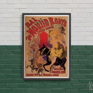 Bal au Moulin Rouge, Retro Poster, Woman and Horse, Red and Beige, Wall Art, Reproduction, Retro Style, Home Decor #2009