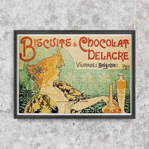 Biscuits and Chocolat Delacre, Retro Poster, Woman and Painter, Beige and Green, Iconic, Wall Decor, Retro Style #2061