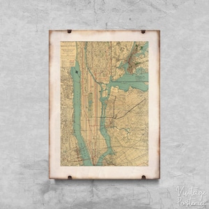 Alte New York und Manhattan Karte, Retro Poster, Wandbehang, Landkarte, Retro Kunst #756
