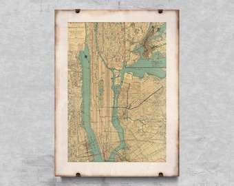 Old New York and Manhattan Map Retro Poster, Wall Hanging, Country Map, Retro Art #756