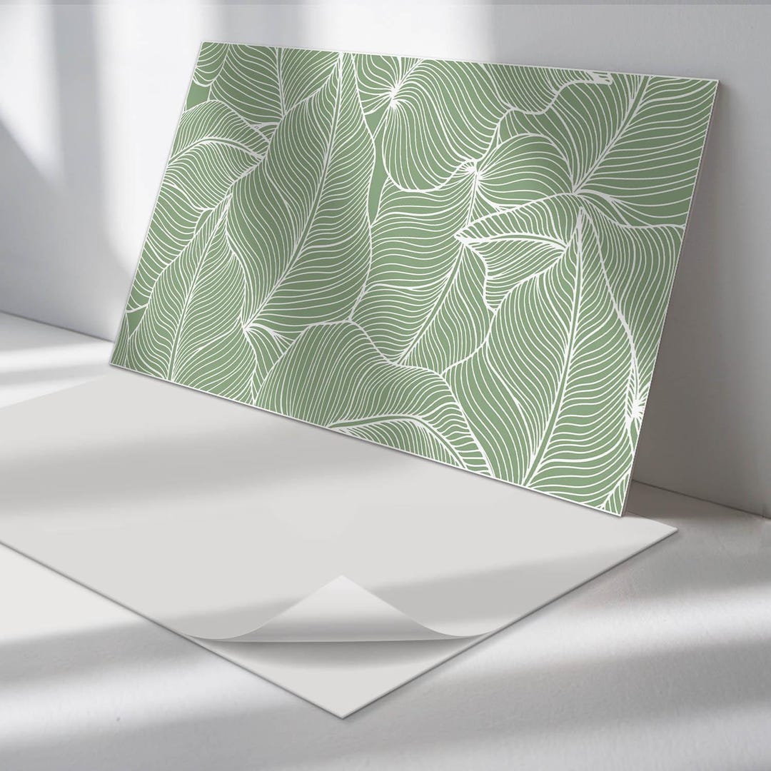 Sticker Decorative Panel Leaves With Waves Panel Stickers, Green Peel and Stick Panels ...