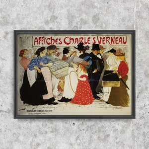 Affiches Charles Verneau, La Rue, Retro Poster, People and Street, Beige and Red, Home Decor, Old World, Art Print #2069