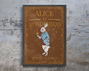 White Rabbit 1915 Alice In Wonderland Poster, Brown Illustration, Yellow Gift For Her, Retro Gift For Him, Bedroom Decor #2421