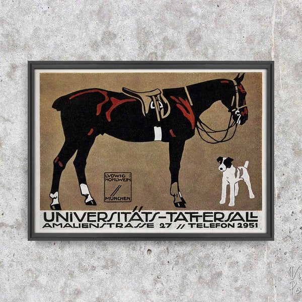Universitats Tattersall, Retro Poster, Horse and Dog, Brown and White, Home Decor, Old World, Art Print #2146