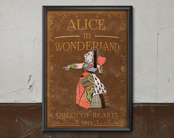 May include: A vintage-style book cover illustration featuring the Queen of Hearts from Alice in Wonderland. The Queen is depicted in a red and white dress with a heart-shaped card in her hand. The text on the cover reads "Alice in Wonderland, Queen of Hearts, 1915."