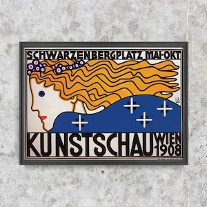 Kunstschau Wien 1908, Retro Poster, Woman and Typography, Yellow and Blue, Wall Art, Reproduction, Retro Style #2126