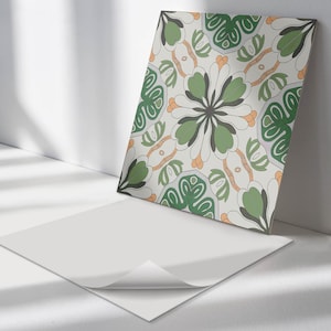Floral Pattern In Symmetry Tile Stickers, Green Removable Tiles, Tile Stickers, Texture PVC Floor Tiles, Kitchen Tile Stickers