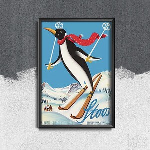 stoos Switzerland skiing penguin travel poster Retro Poster, Retro Poster, Travel Wall Decor, Holidays Vibes #292